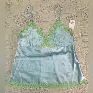 NEW Pearl Lace Two Tone Silk Cami Sz L Dream Blue Green Lace